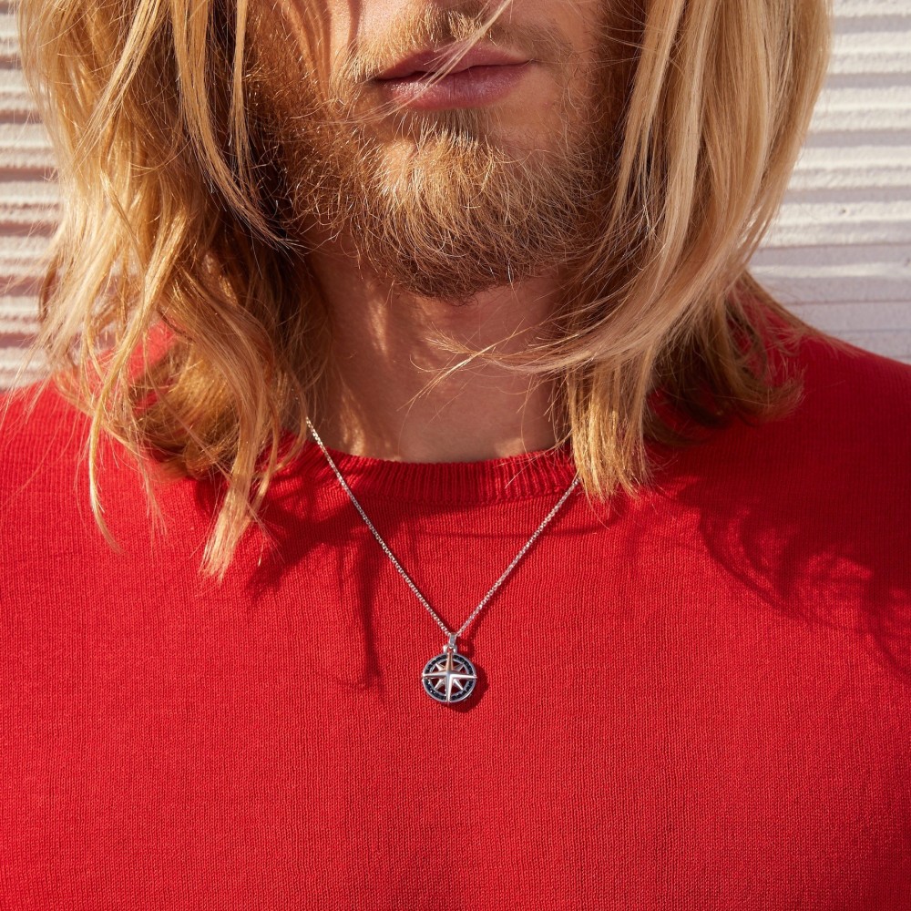 Zancan Collana Zancan In Argento Pendente A Rosa Dei Venti Con Pietre Nera