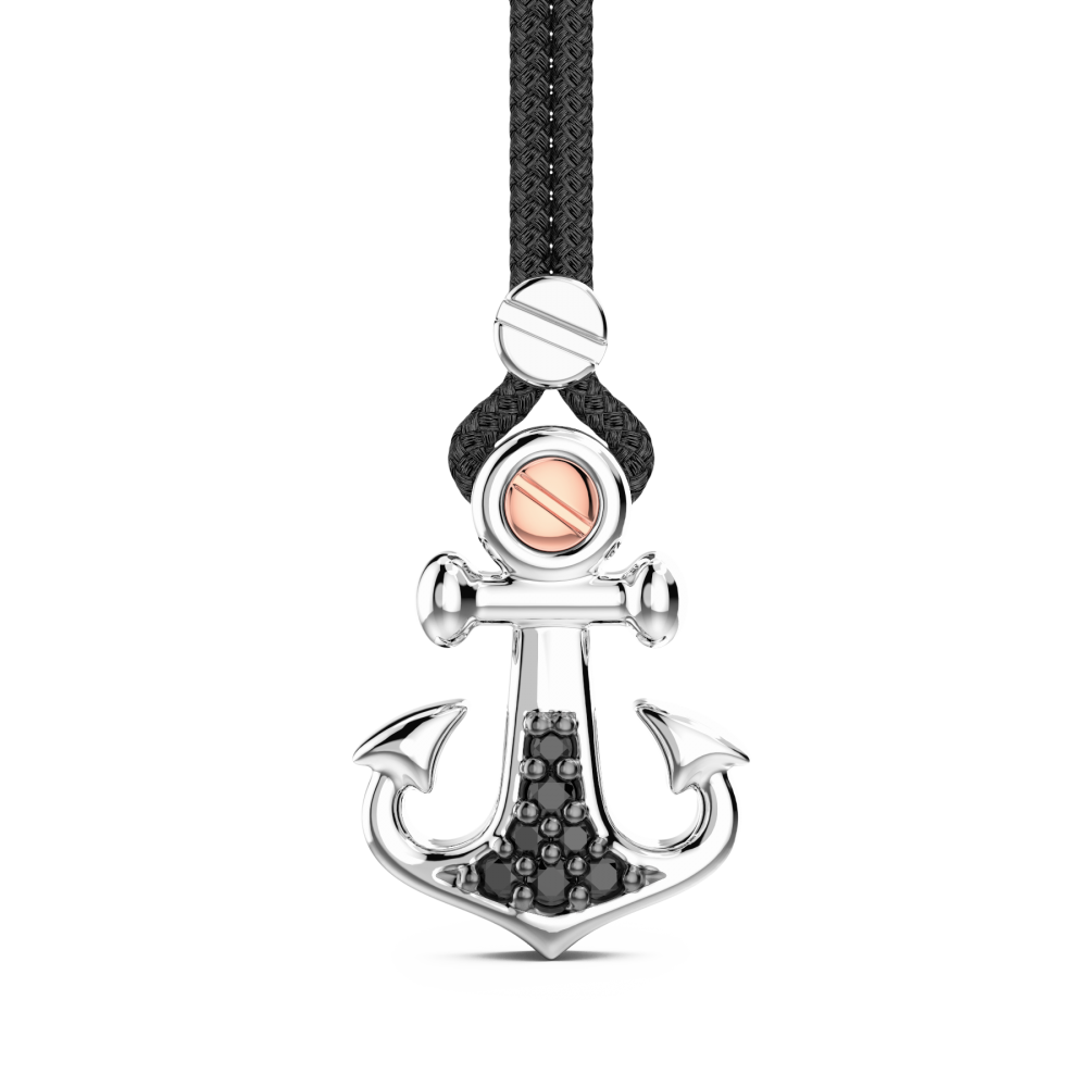 Zancan Collana Zancan in kevlar con pendente ad ancora in argento e pietre nere