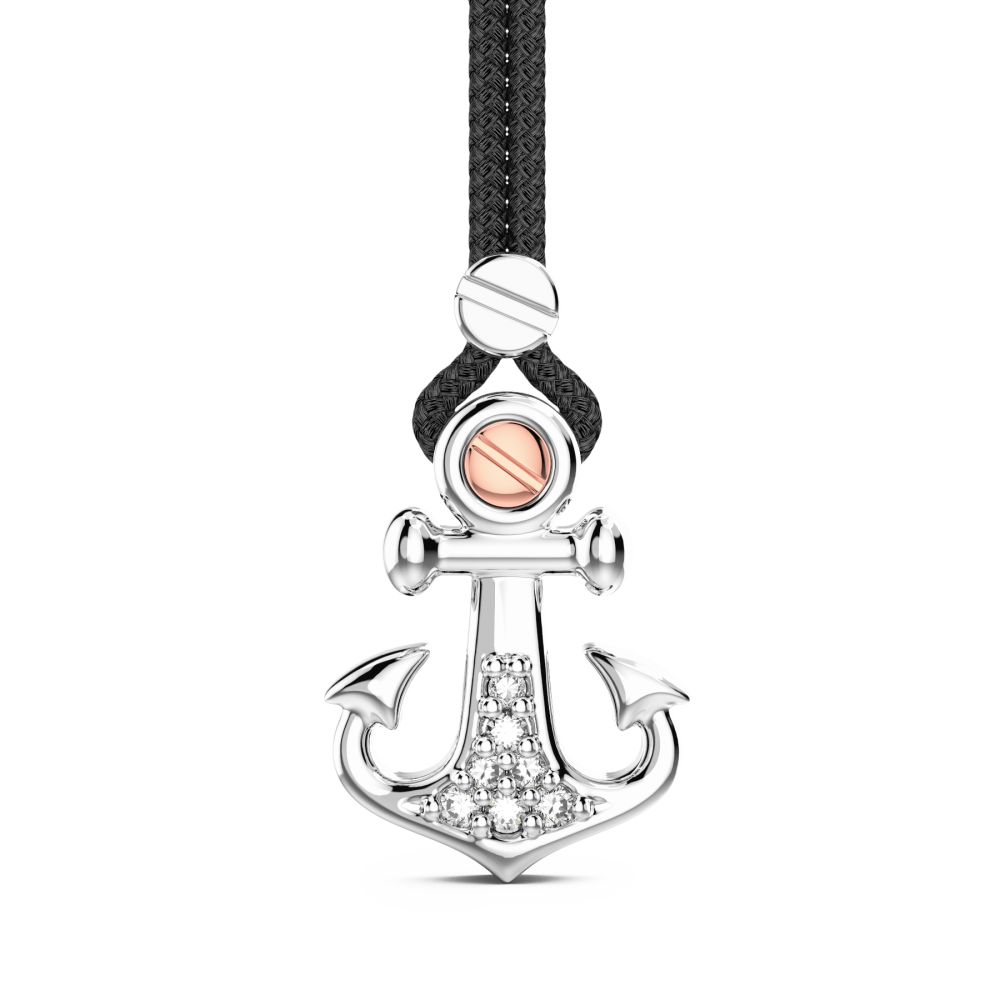 Zancan Collana Zancan in kevlar con pendente ad ancora in argento e pietre bianche