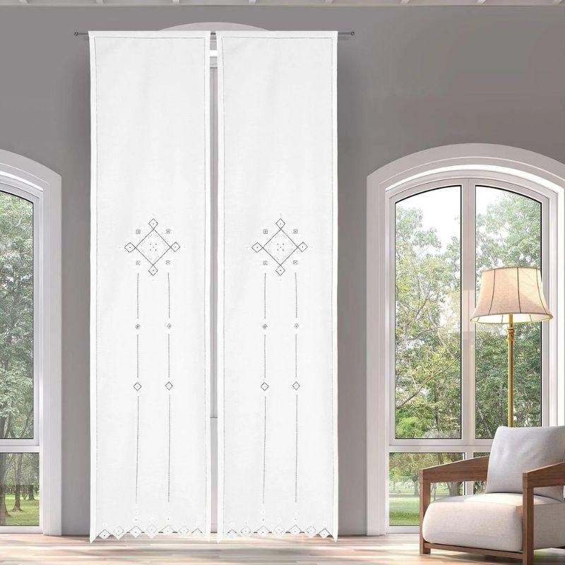 Zenoni & ColombiCoppia di Tende ricamate a mano in misto Lino Made in Italy variante Punto Antico Italiano