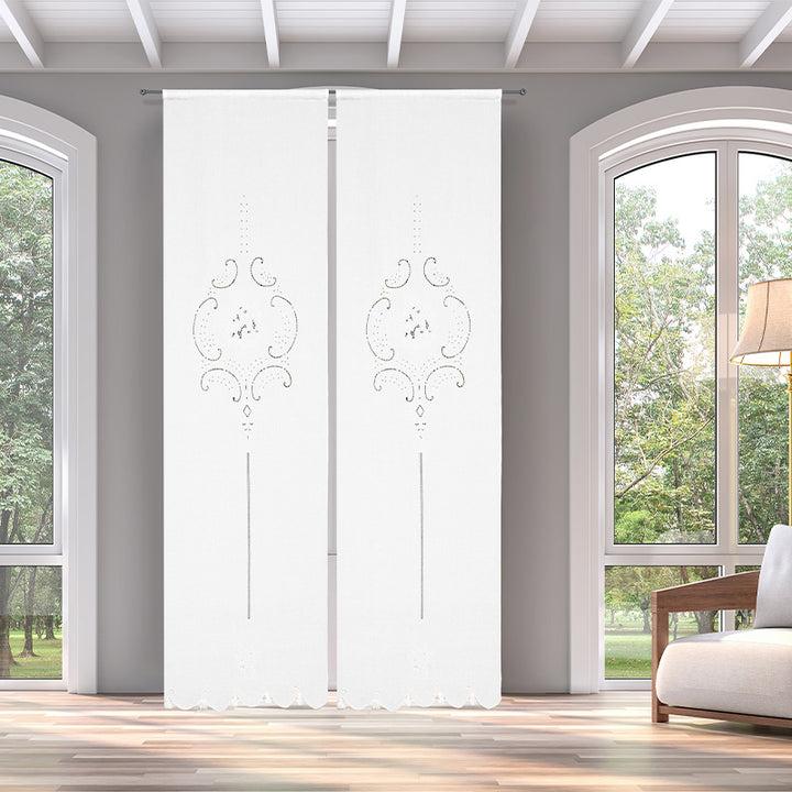 Zenoni & ColombiCoppia Di Tende Ricamate A Mano In Misto Lino Made In Italy Variante Isabelle