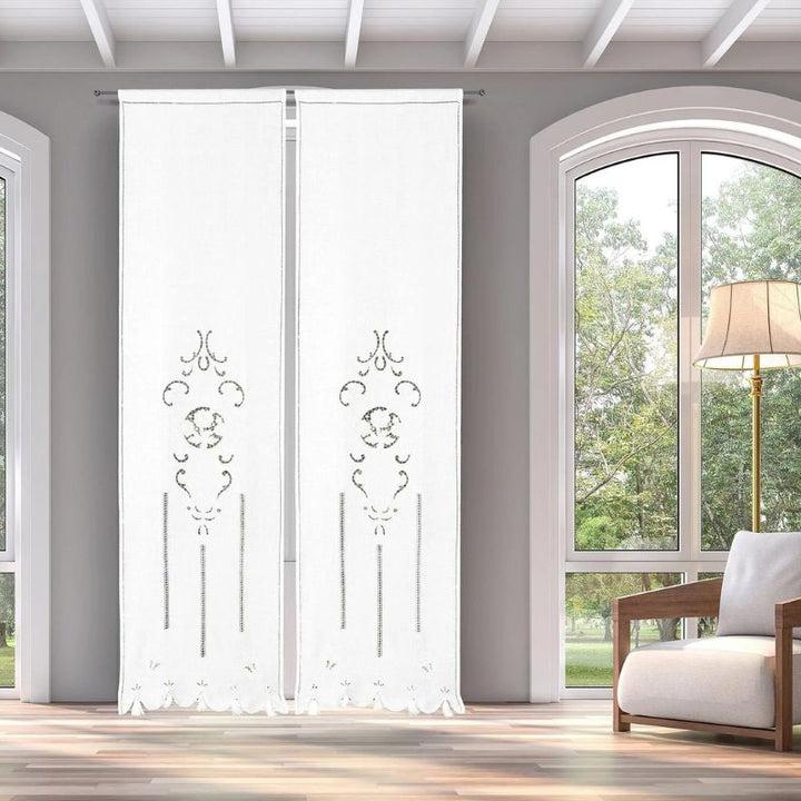 Zenoni & ColombiCoppia Di Tende Ricamate A Mano In Misto Lino Made In Italy Variante Belle Epoque