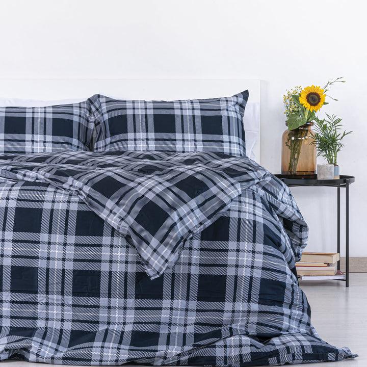 Zenoni & ColombiCopripiumino Newport Blu In 100% Raso Di Cotone Stampato Fantasia Tartan Con Federe