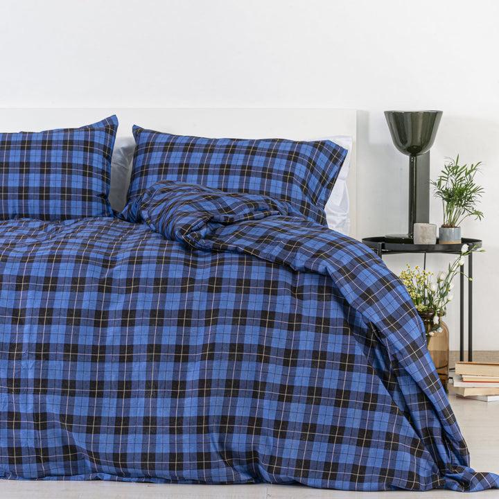 Zenoni & ColombiCopripiumino Oxford Blu In 100% Raso Di Cotone Stampato Fantasia Tartan Con Federe