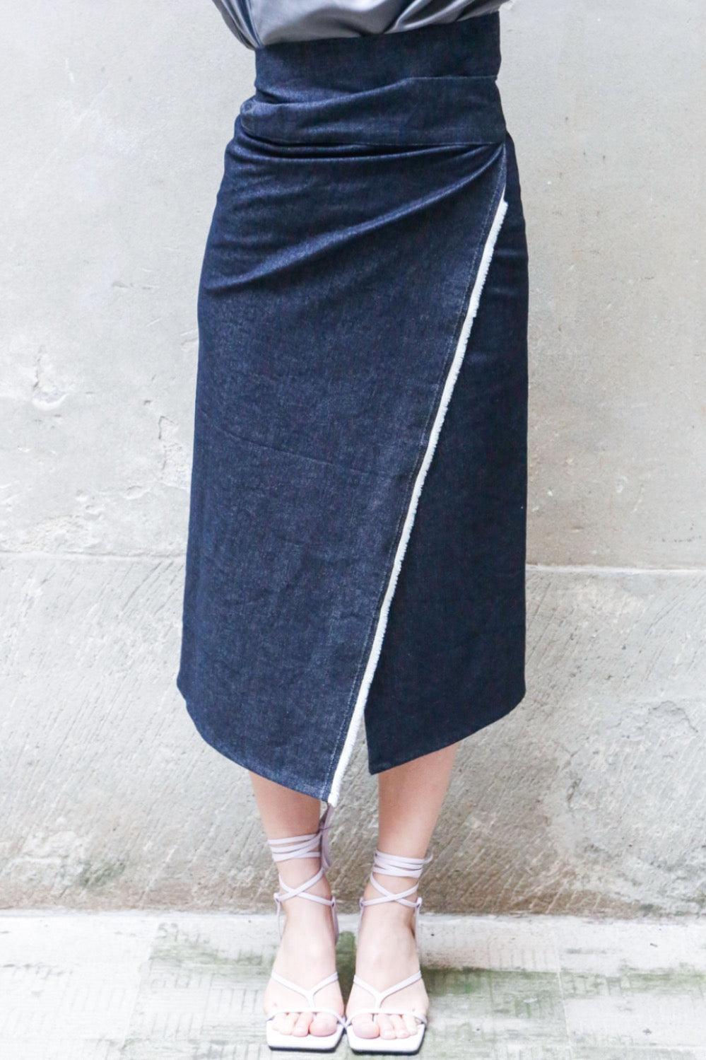Zerobarracento Recycled Cotton Denim Wrap Midi Skirt