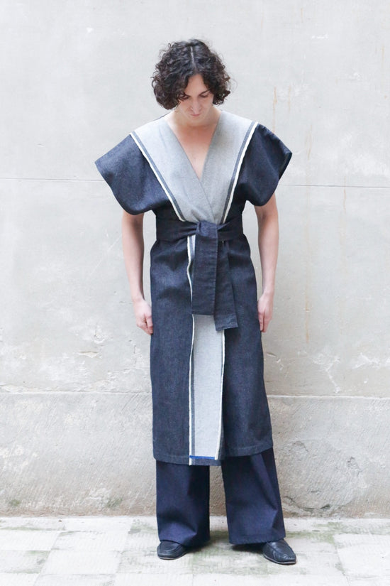 Zerobarracento Sculptural Kimono Denim In Recycled Cotton