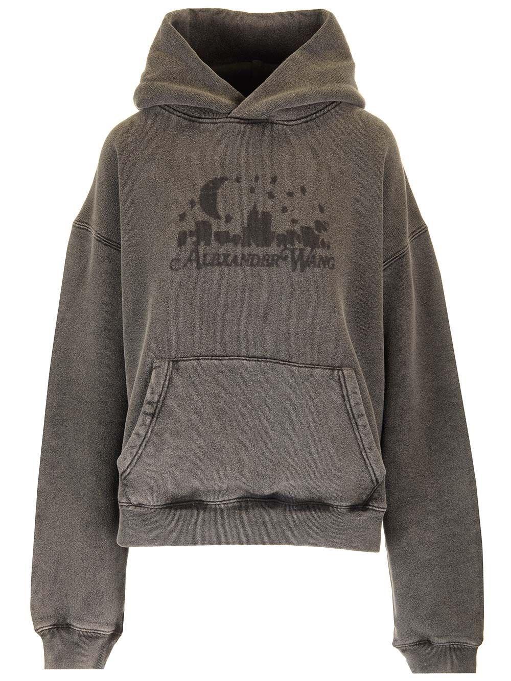 Al Duca D'Aosta Alexander Wang UNISEX HOODIE WITH DISTRESSED SKYLINE LOGO GRAPHIC WASHED CHARCOAL
