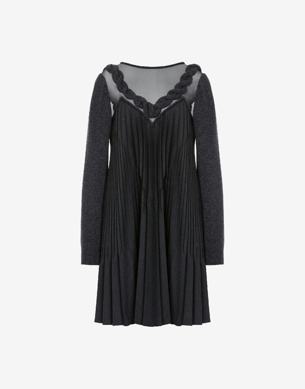 Alberta Ferretti Abito corto in twill di lana stretch con treccia