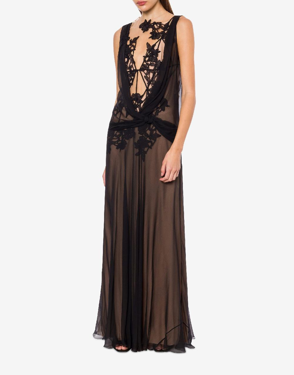 Alberta Ferretti Abito In Chiffon Organico Macramé Ramage