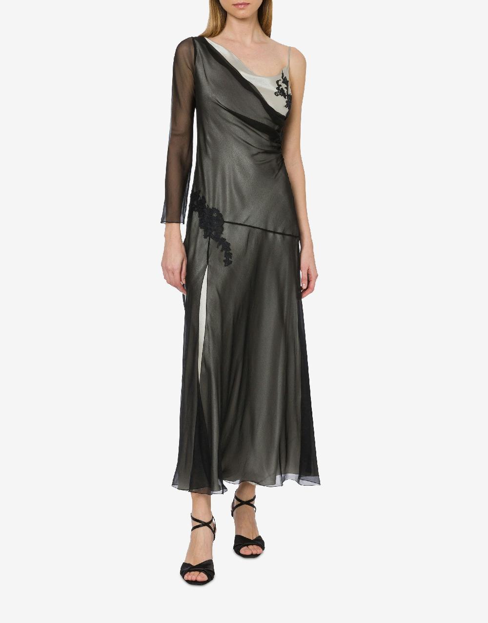 Alberta Ferretti Abito Lungo In Raso E Chiffon Con Pizzo