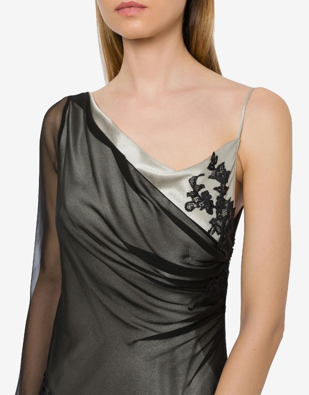 Alberta Ferretti Abito Lungo In Raso E Chiffon Con Pizzo