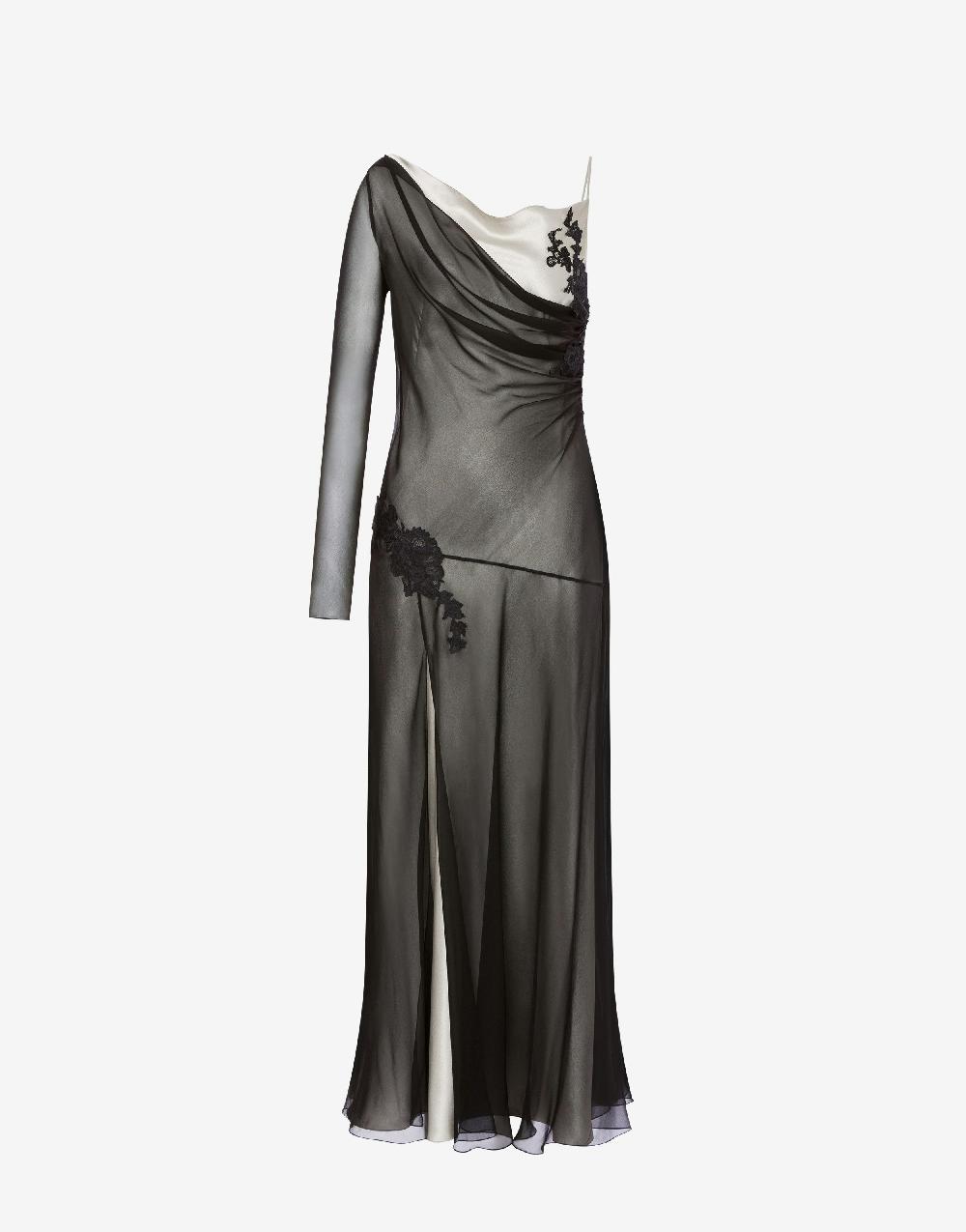 Alberta Ferretti Abito lungo in raso e chiffon con pizzo