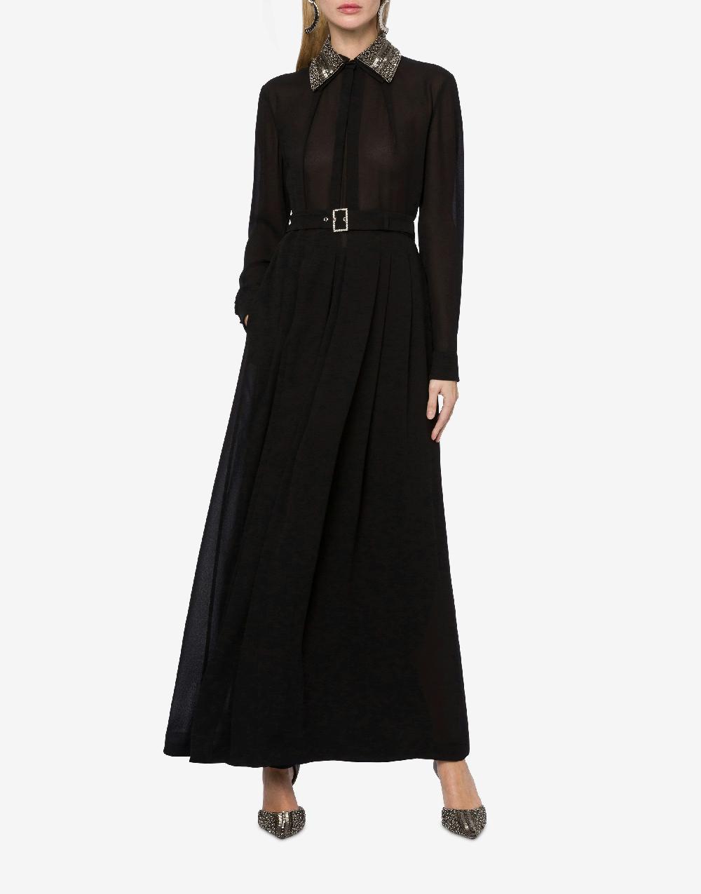 Alberta Ferretti Abito Lungo In Sablé Con Colletto Ricamato