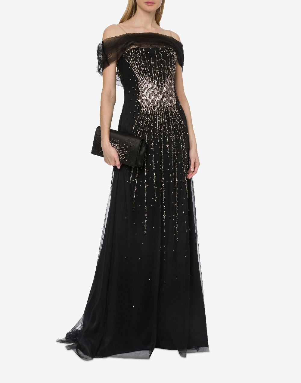 Alberta Ferretti Abito Lungo In Tulle Con Ricamo Strass E Perline