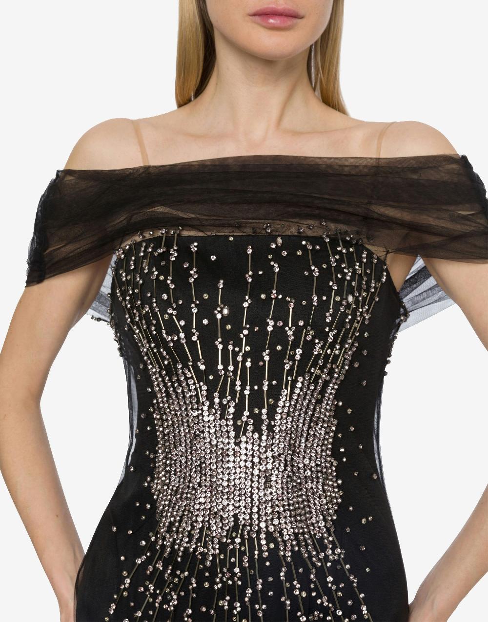 Alberta Ferretti Abito Lungo In Tulle Con Ricamo Strass E Perline