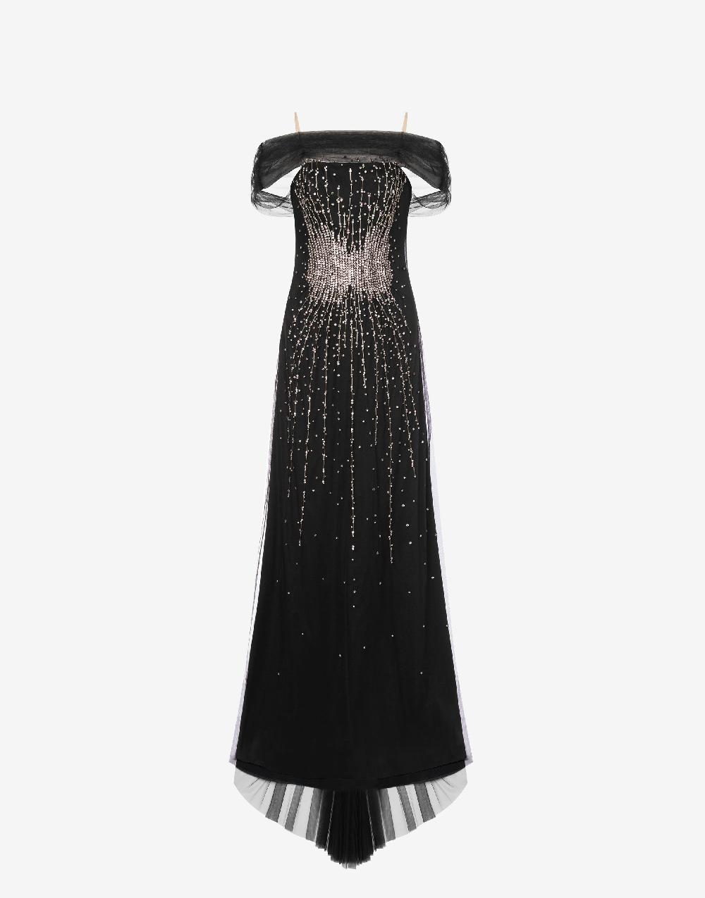 Alberta Ferretti Abito lungo in tulle con ricamo strass e perline