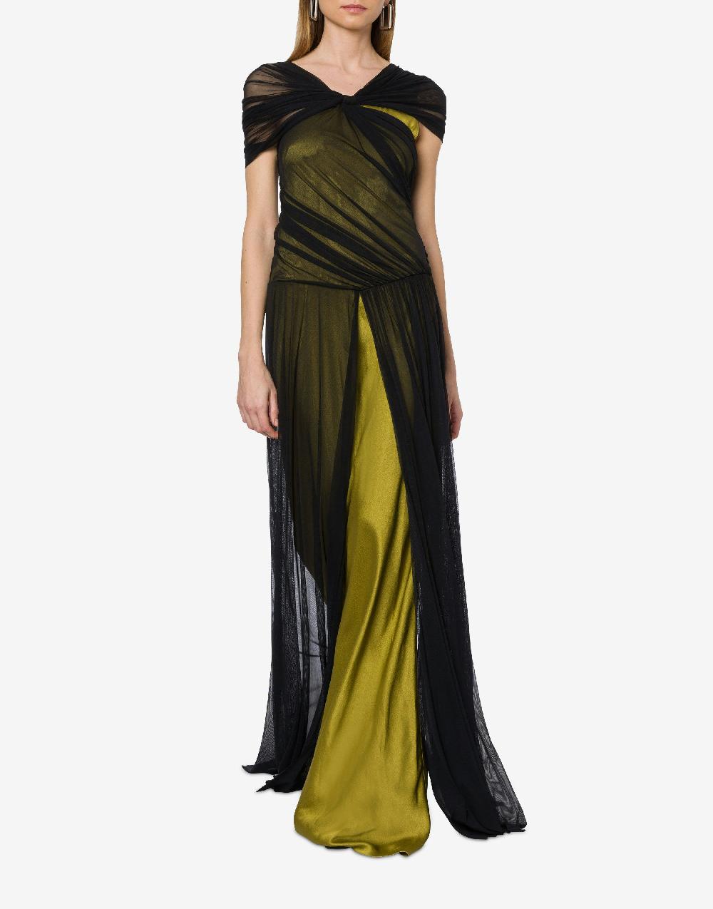 Alberta Ferretti Abito Lungo In Tulle Stretch E Raso