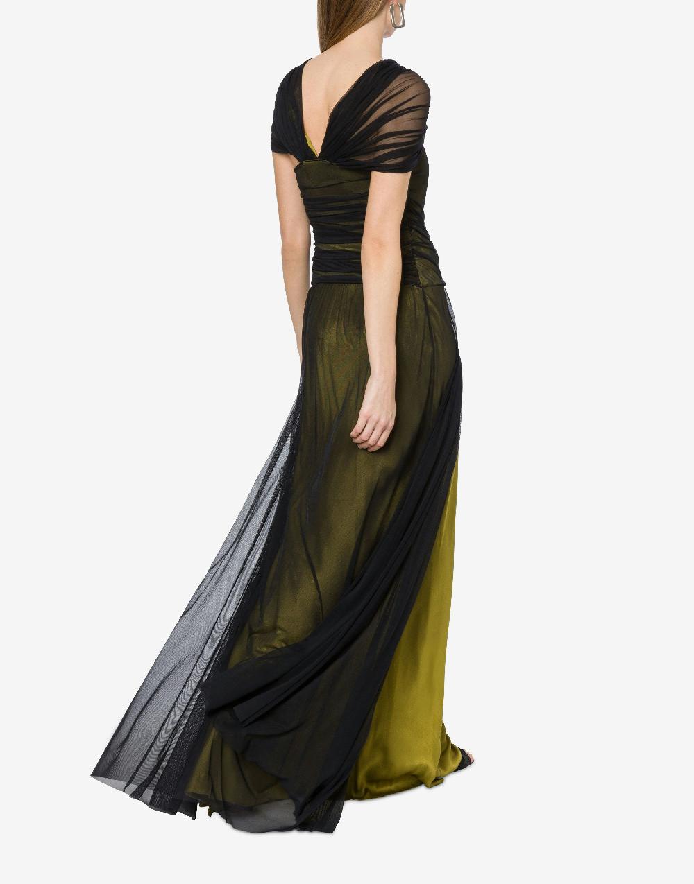 Alberta Ferretti Abito Lungo In Tulle Stretch E Raso