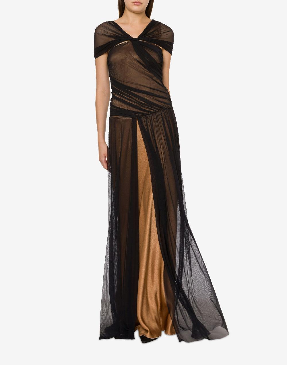 Alberta Ferretti Abito Lungo In Tulle Stretch E Raso