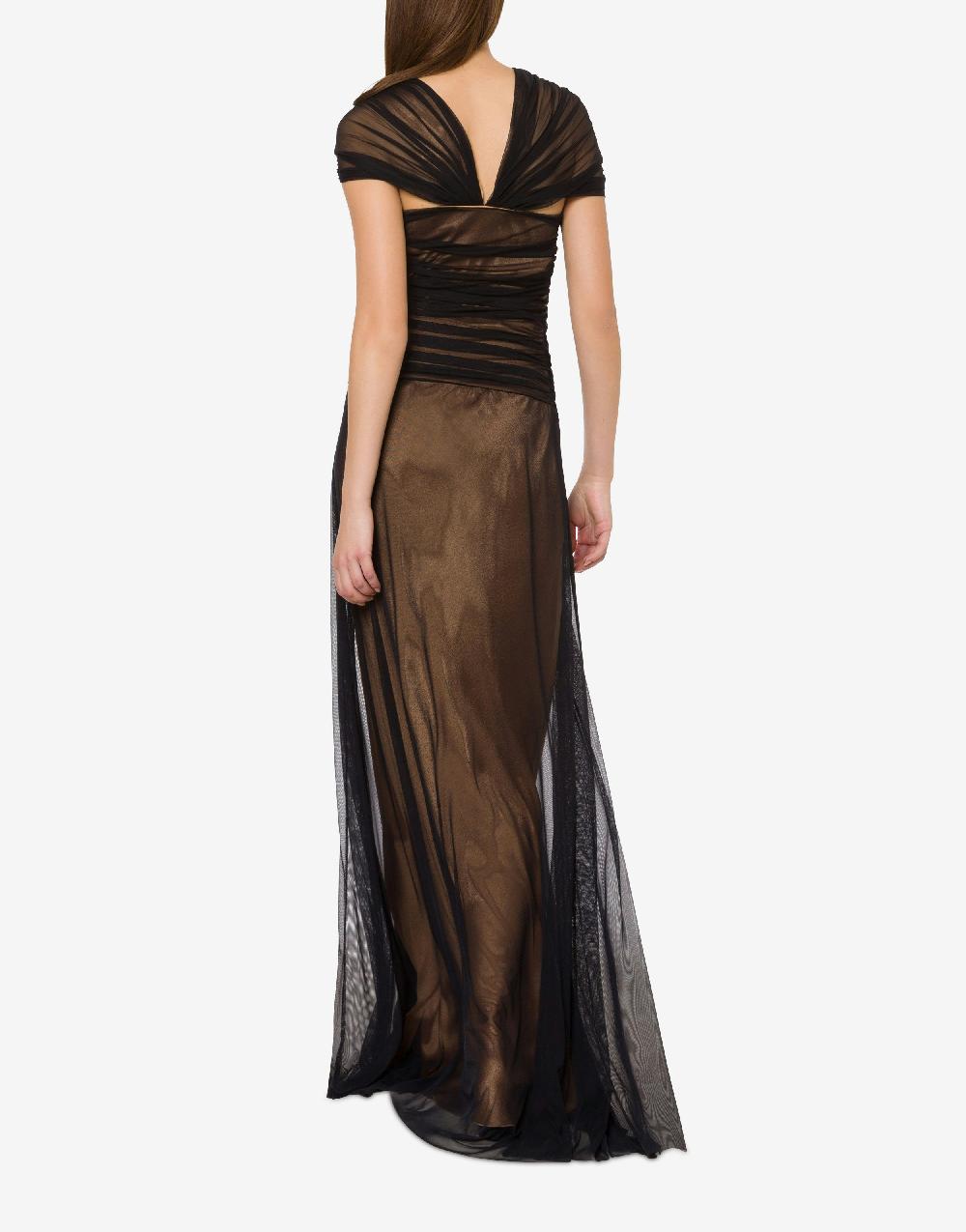 Alberta Ferretti Abito Lungo In Tulle Stretch E Raso