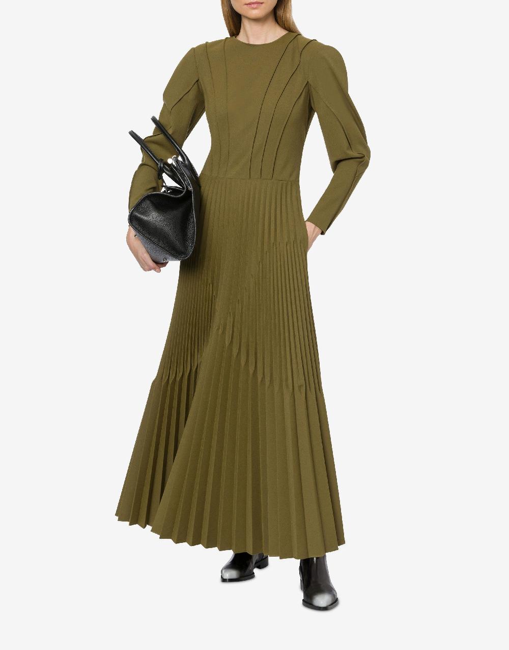 Alberta Ferretti Abito Lungo In Twill Di Lana Stretch Con Plissé