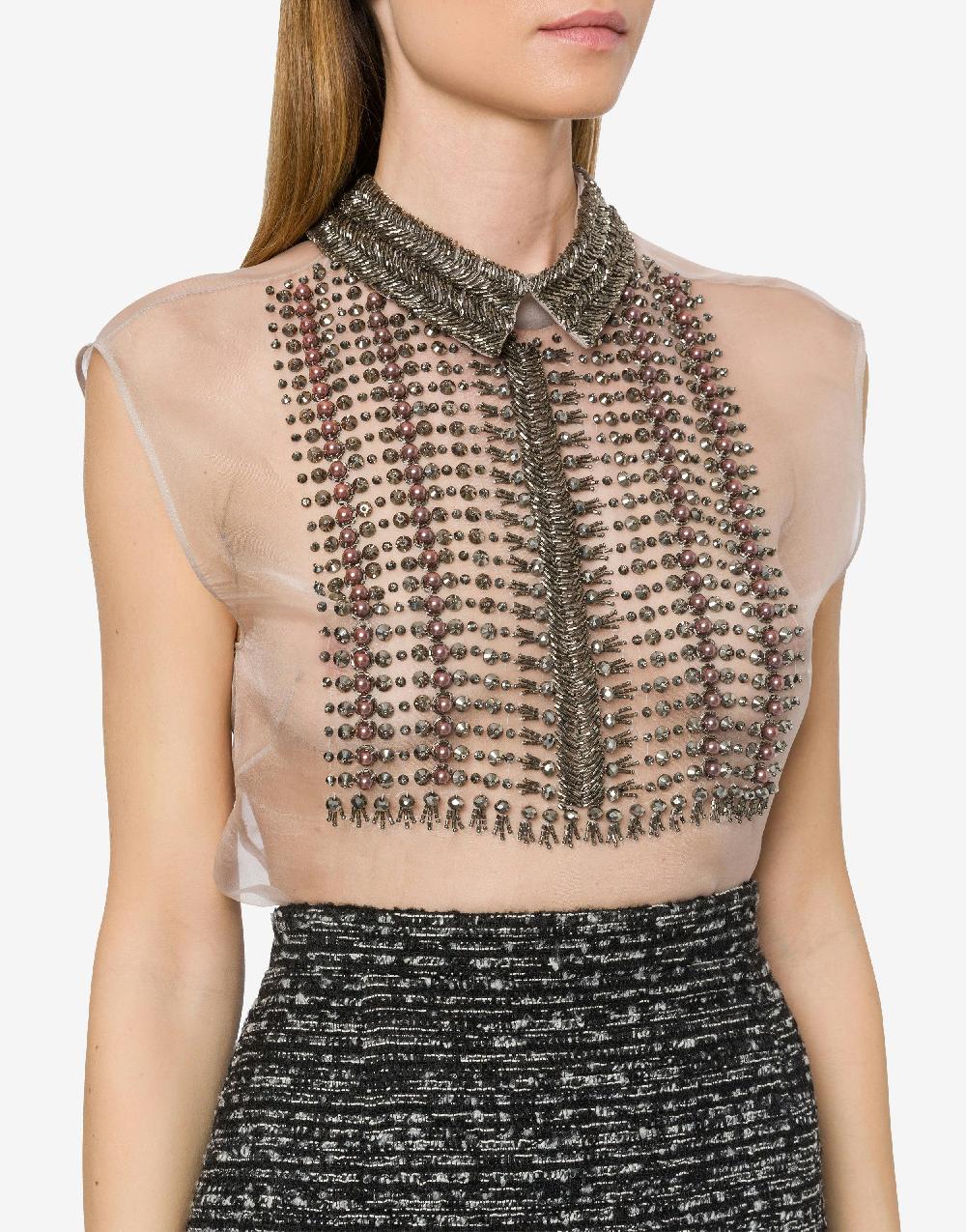 Alberta Ferretti Top In Organza Con Ricamo Perline