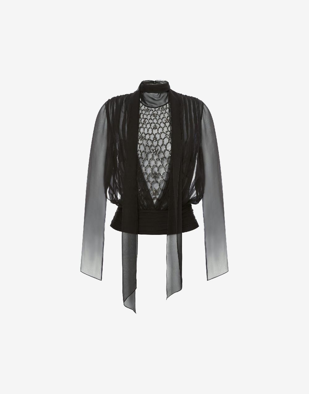 Alberta Ferretti Blusa in chiffon organico con sciarpina e ricamo