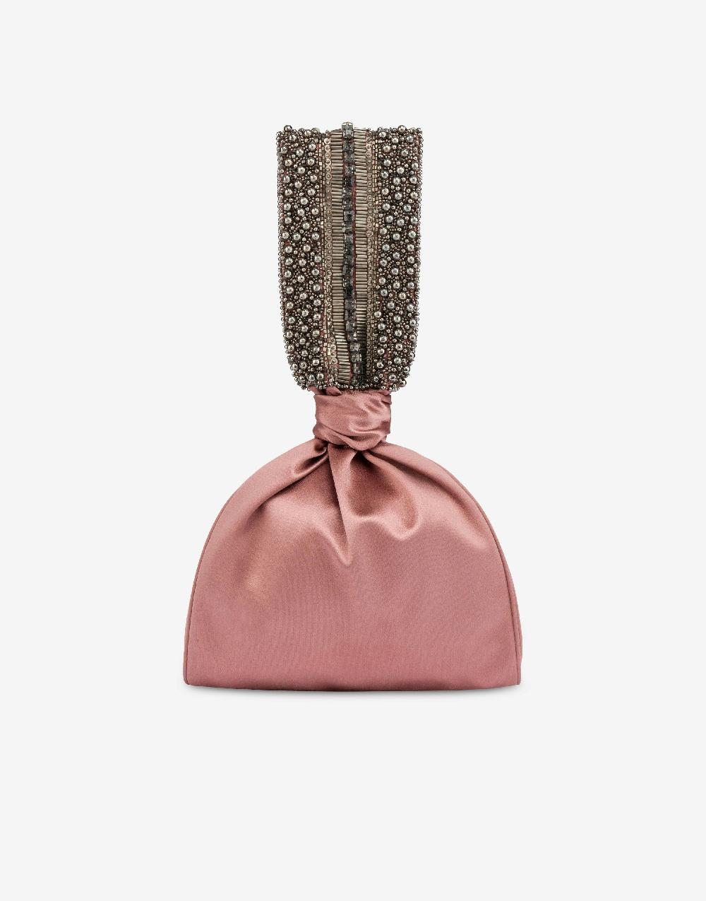 Alberta Ferretti Bucket bag da sera in raso con ricamo perline e strass