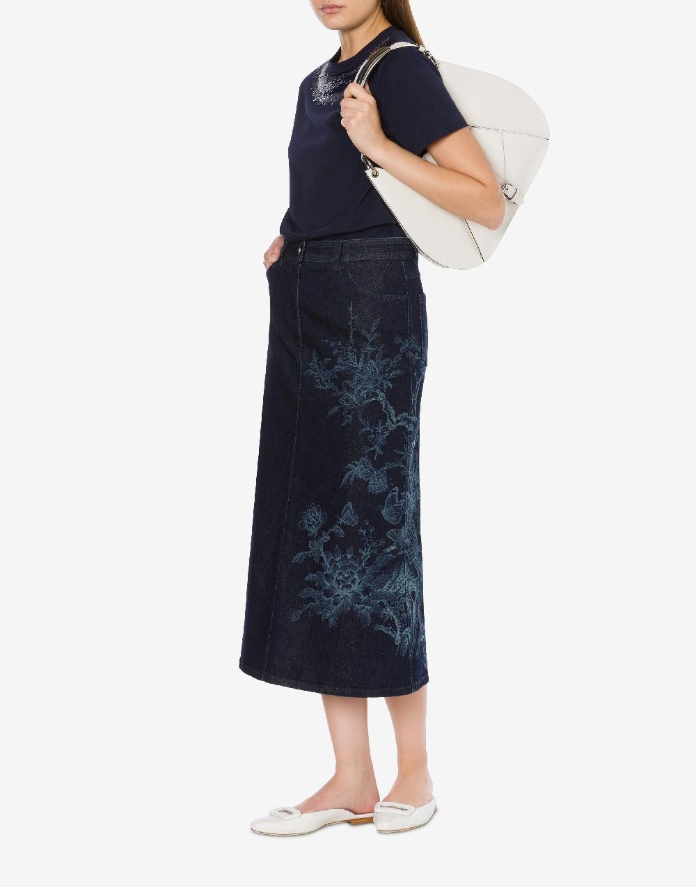 Alberta Ferretti Gonna In Denim Con Disegno Ciliegio E Farfalle