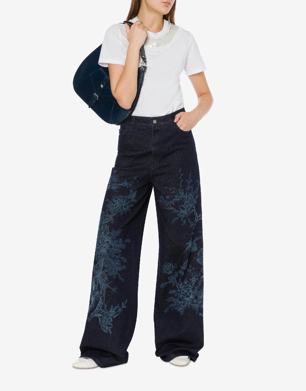 Alberta Ferretti Pantalone In Denim Con Disegno Ciliegio E Farfalle