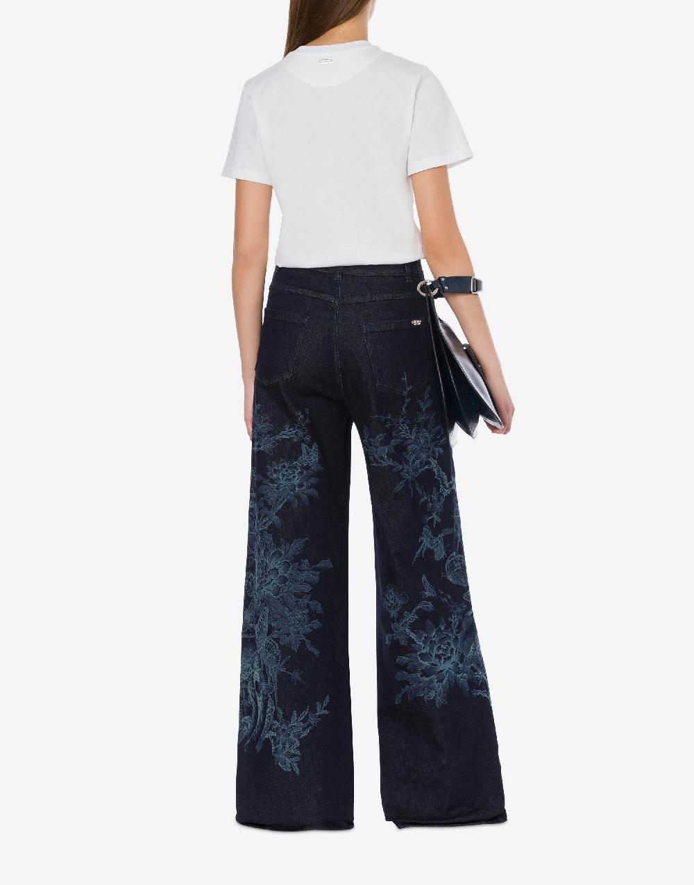 Alberta Ferretti Pantalone In Denim Con Disegno Ciliegio E Farfalle