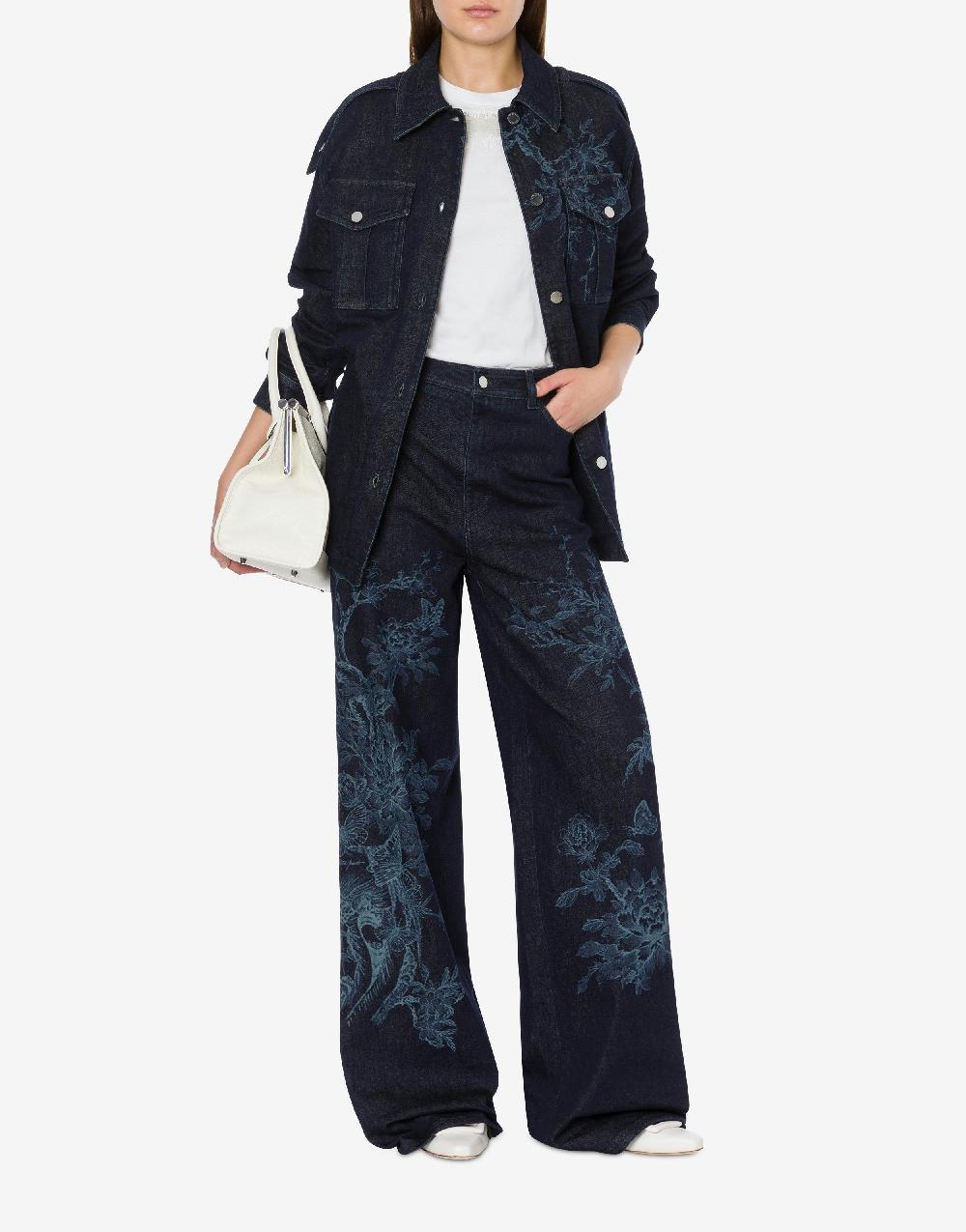 Alberta Ferretti Shirt Jacket In Denim Con Stampa Ciliegio E Farfalle