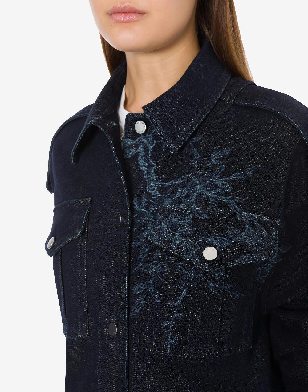 Alberta Ferretti Shirt Jacket In Denim Con Stampa Ciliegio E Farfalle