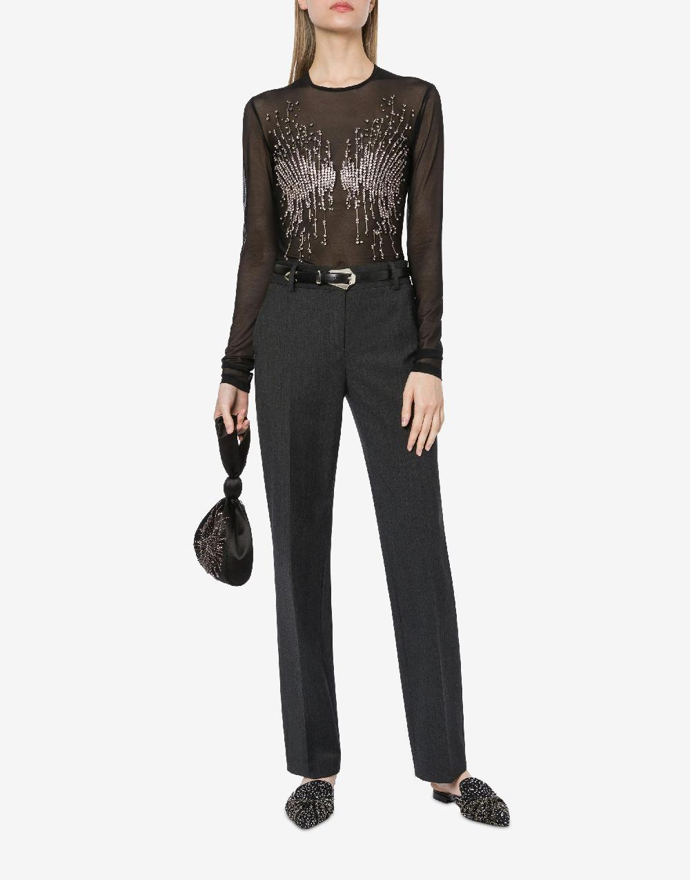 Alberta Ferretti T-shirt In Tulle Stretch Con Strass E Perline