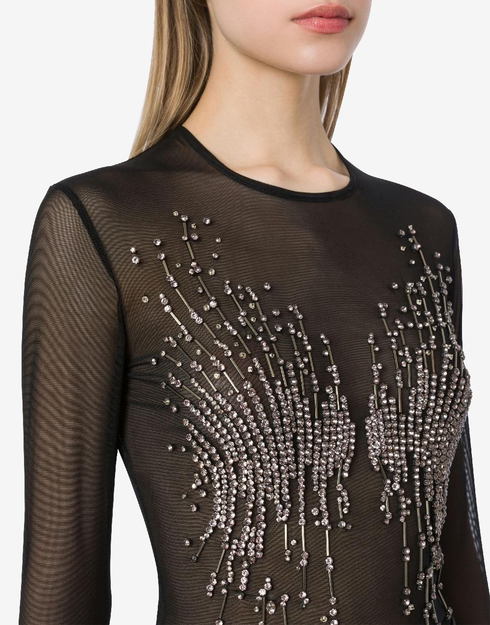 Alberta Ferretti T-shirt In Tulle Stretch Con Strass E Perline