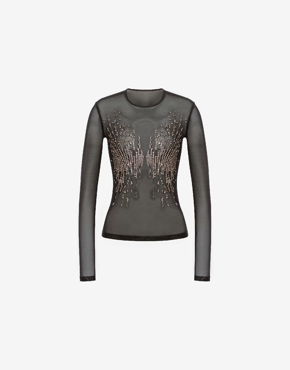 Alberta Ferretti T-shirt in tulle stretch con strass e perline