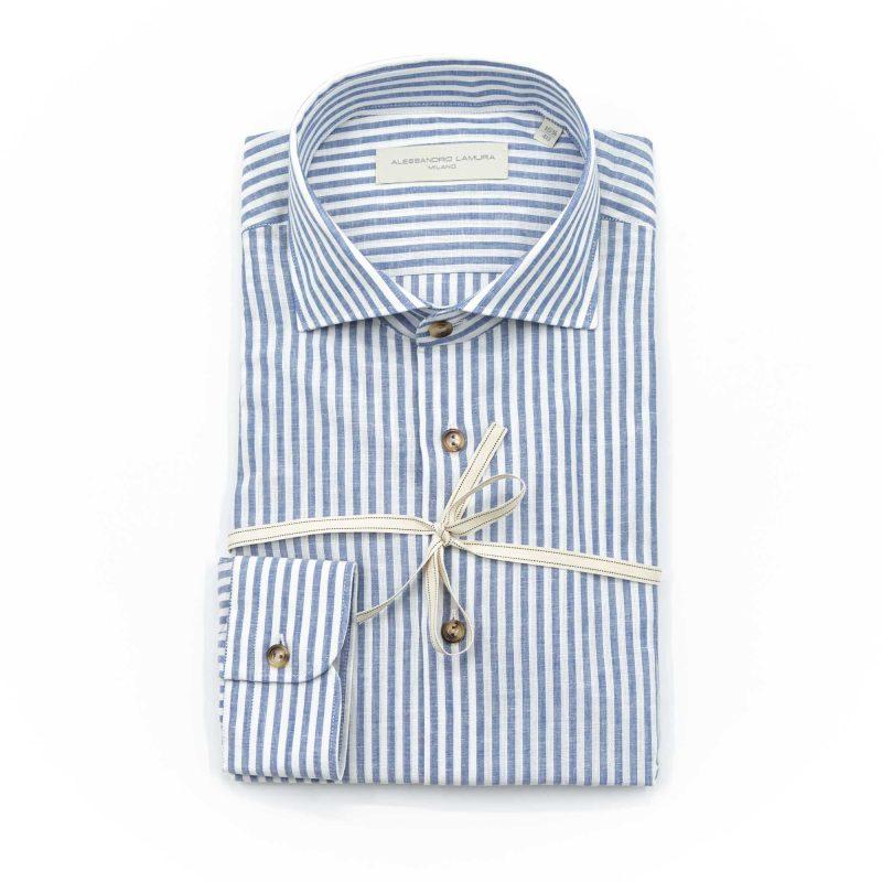 Alessandro Lamura Camicia Lino Blu e Bianca Rigata