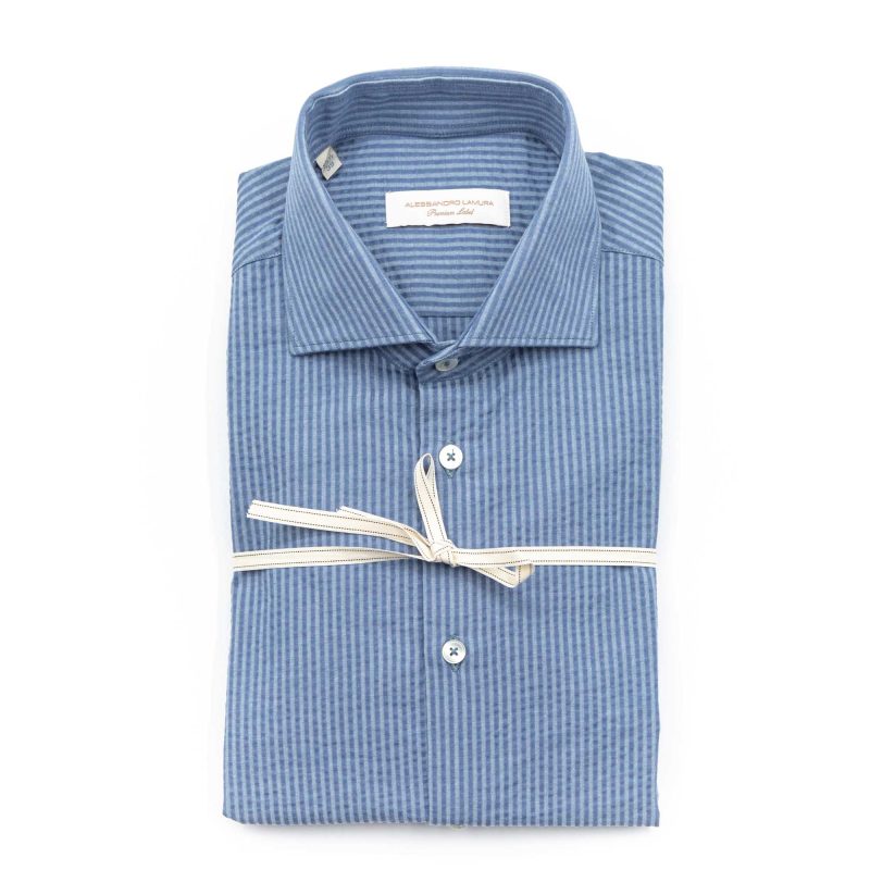 Alessandro Lamura Camicia a Righe Groffata Azzurra Collo Francese