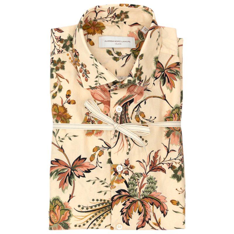 Alessandro Lamura Camicia Beige Chiaro con Motivo Floreale Multicolore