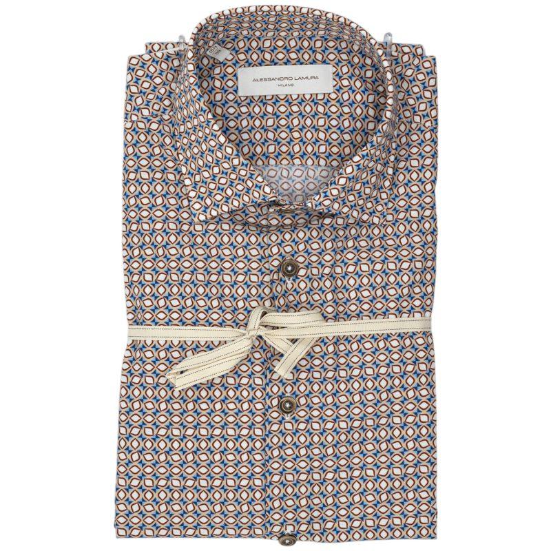 Alessandro Lamura Camicia Beige con Fantasia Geometrica Blu e Arancione