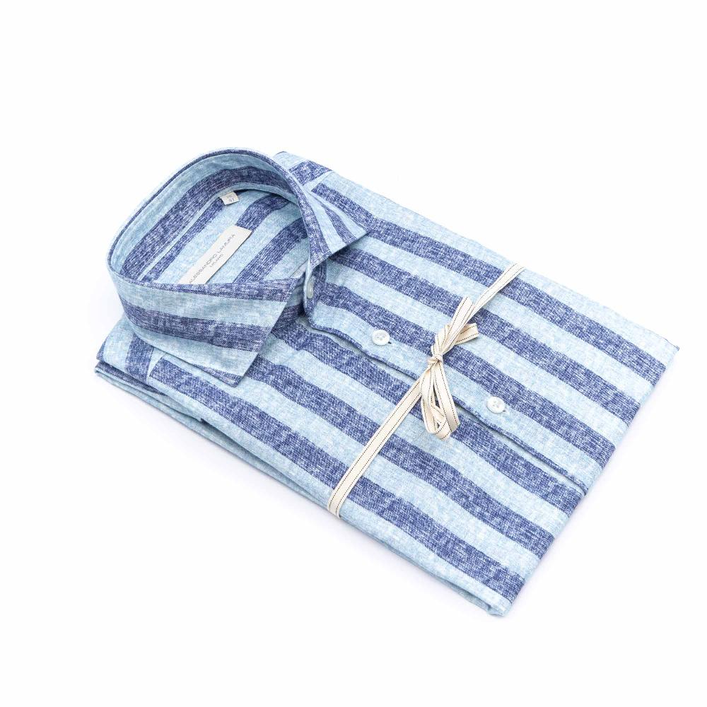Alessandro Lamura Camicia Blu Rigata Collo Francese