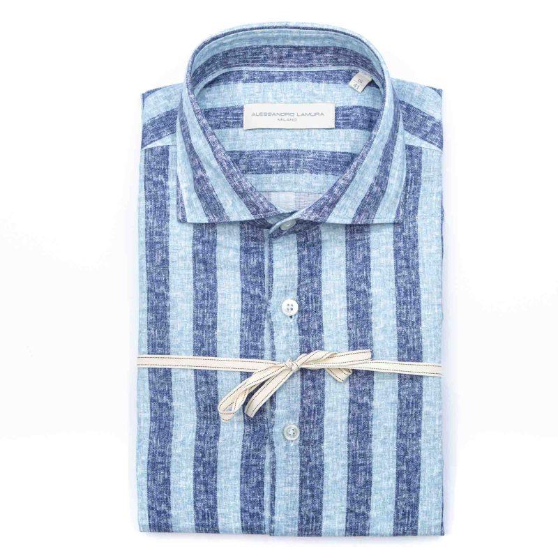 Alessandro Lamura Camicia Blu Rigata Collo Francese