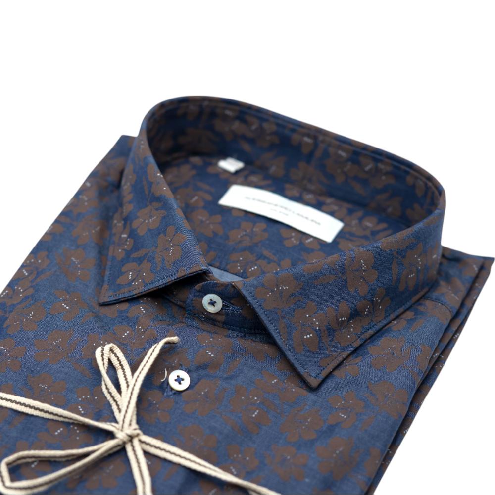 Alessandro Lamura Camicia Blu Scuro Con Motivo Floreale Marrone