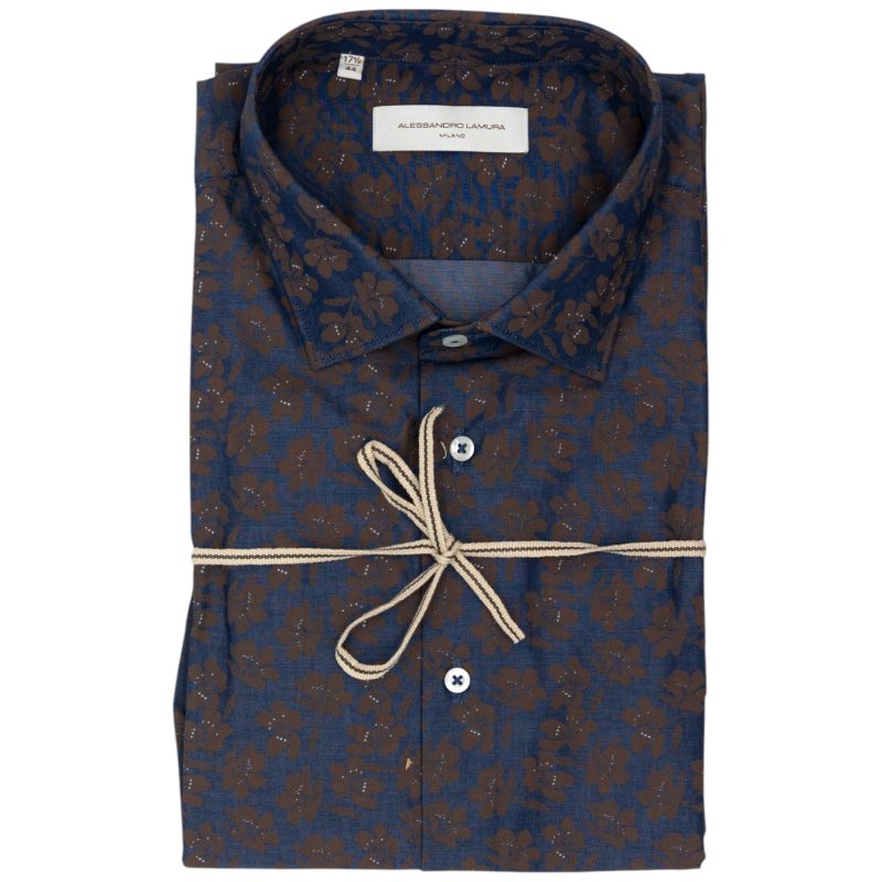 Alessandro Lamura Camicia Blu Scuro con Motivo Floreale Marrone Alessandro Lamura Camicia Blu Scuro con Motivo Floreale Marrone