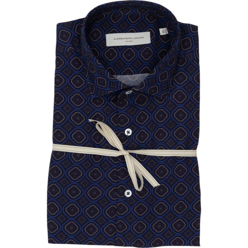 Alessandro Lamura Camicia Blu Scuro con Motivo Geometrico