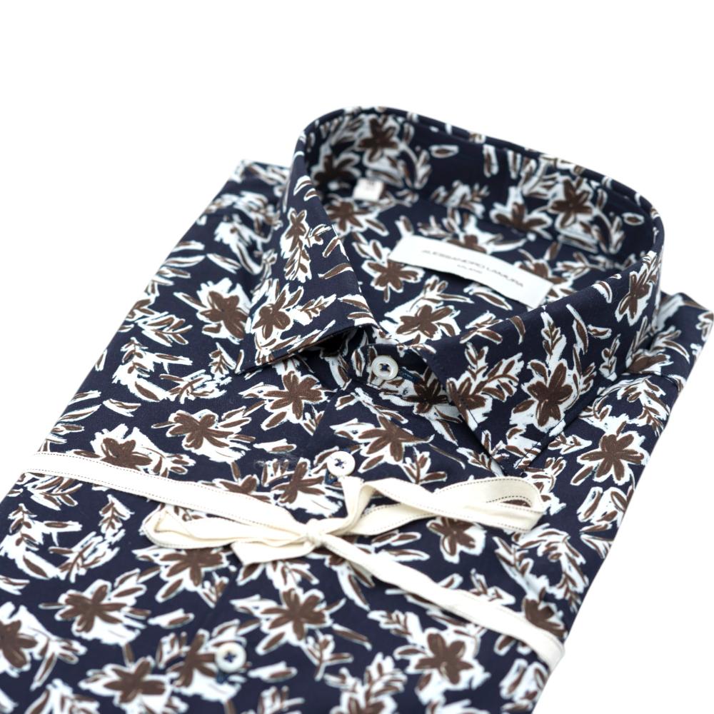 Alessandro Lamura Camicia Blu Scuro Con Stampa Floreale Bianca E Marrone