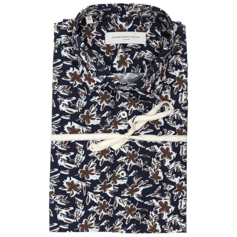 Alessandro Lamura Camicia Blu scuro con Stampa Floreale Bianca e Marrone