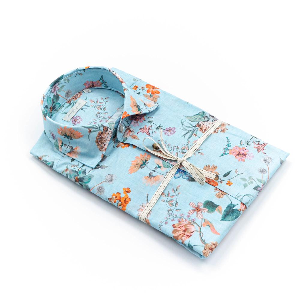 Alessandro Lamura Camicia Celeste Floreale Collo Italiano
