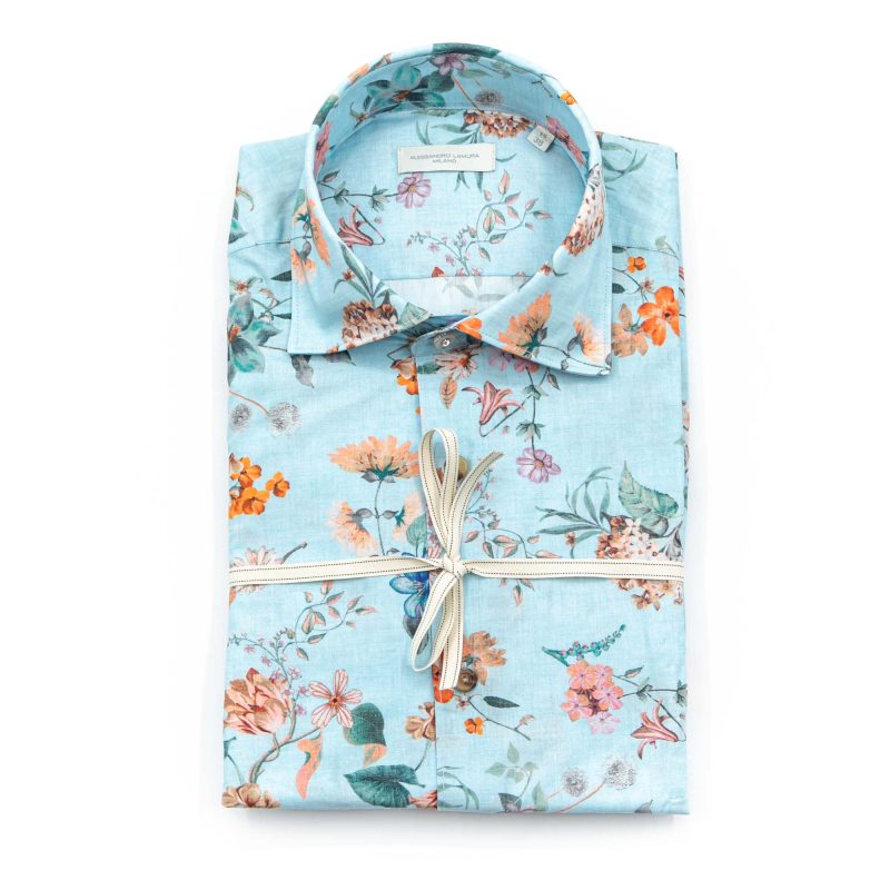 Alessandro Lamura Camicia Celeste Floreale Collo Italiano