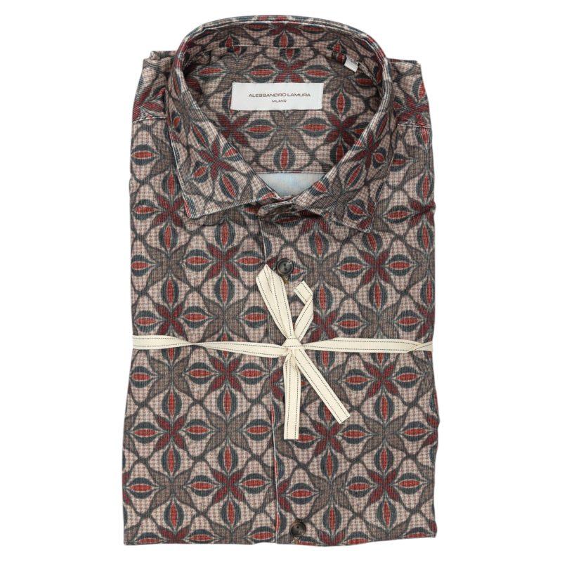 Alessandro Lamura Camicia con Fantasia Geometrica Floreale in Marrone e Rosso